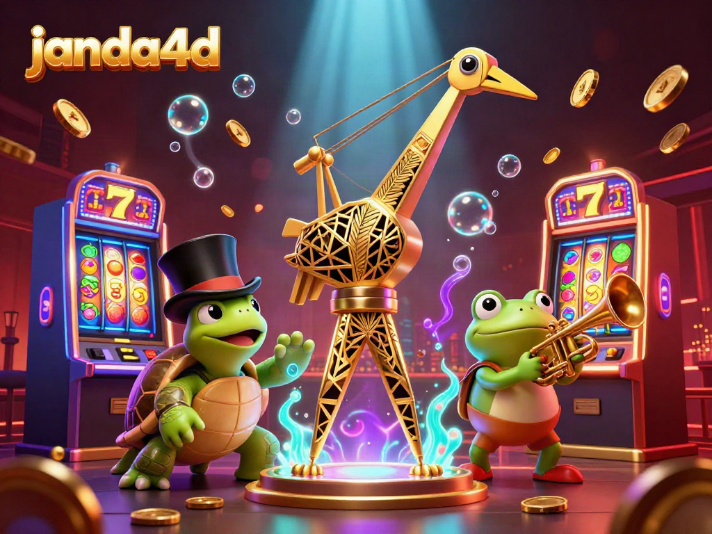 janda4d menawarkan slot yang menarik dengan mesin slot menyala, dikelilingi karakter ceria di kasino yang memukau.