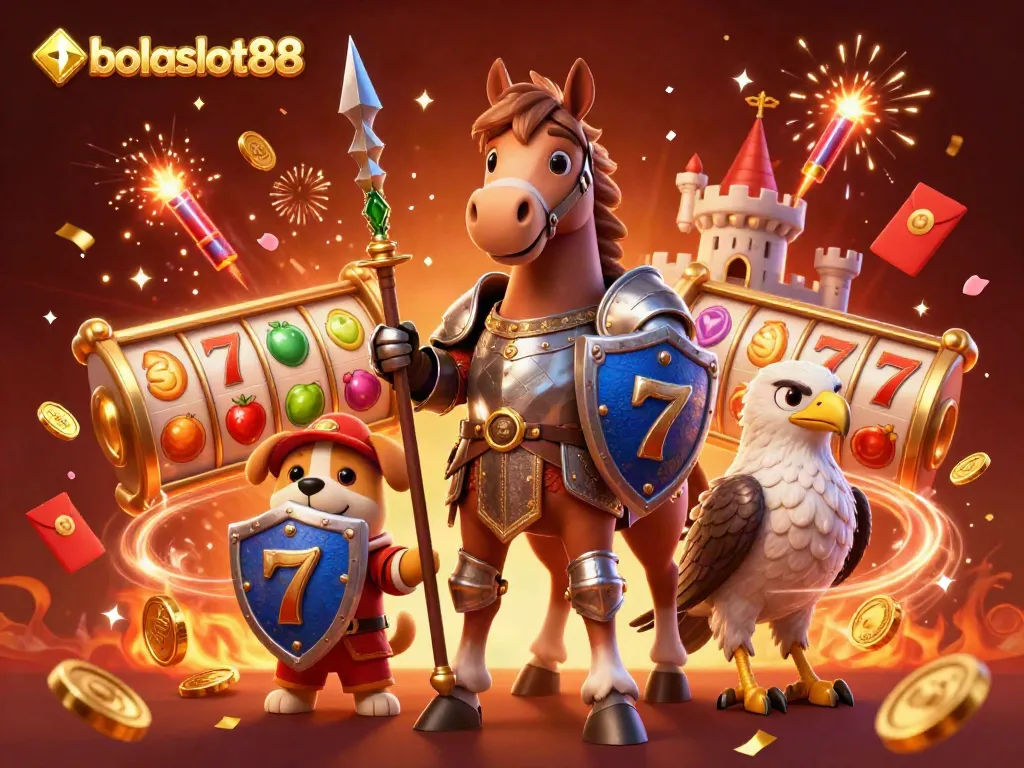 Experience dynamic slot gameplay with bolaslot88 in this vibrant 3D illustration showcasing a knight, puppy, and falcon.