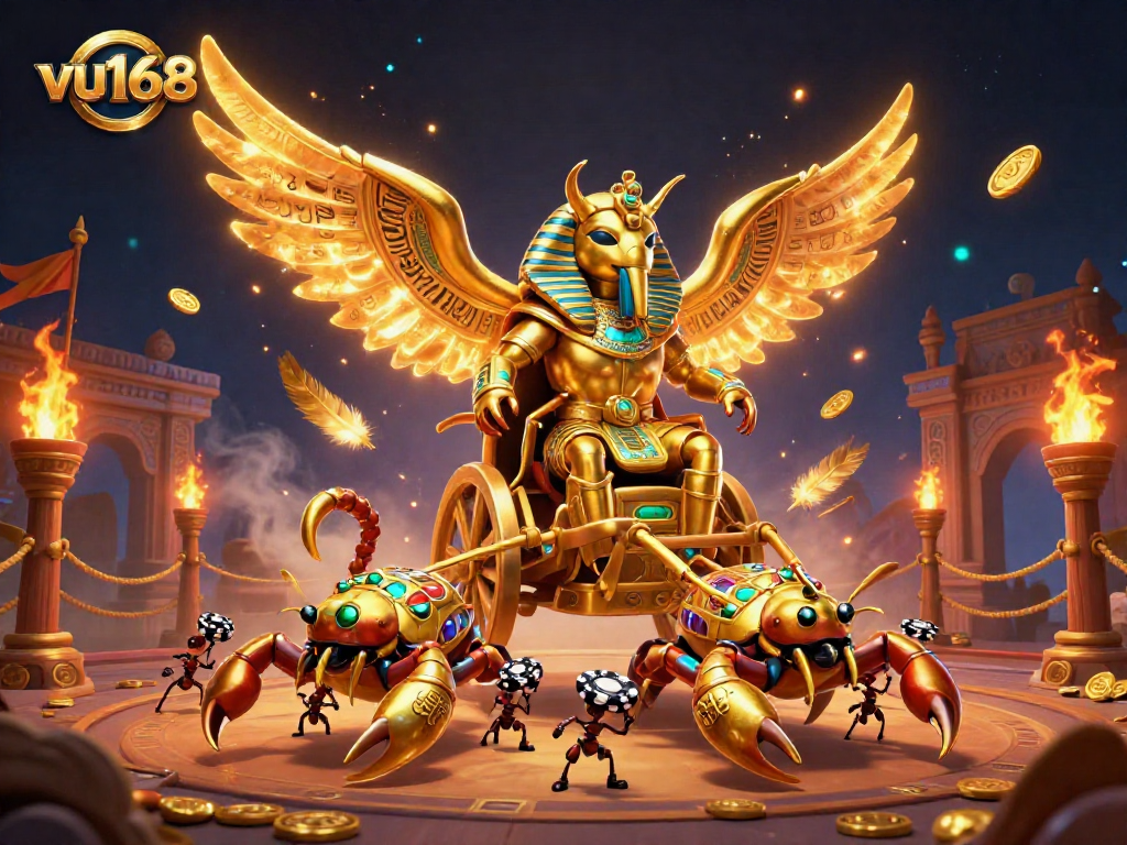 Bet on excitement with vu168: vibrant scene featuring a golden scarab and scorpions in a casino adventure