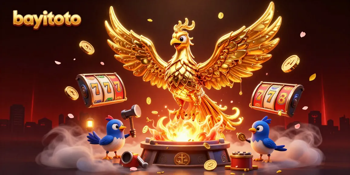 Win big with bayitoto at a vibrant Asian casino scene featuring a molten golden phoenix.