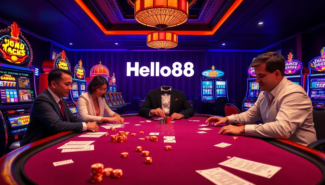 Hello88 casino scene with engaging players, vibrant slot machines, and festive atmosphere.