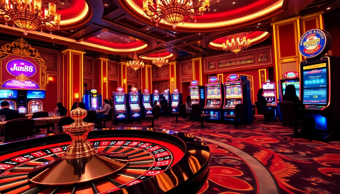 Experience the thrill of Jun88 casino with gamblers at roulette and slot machines.