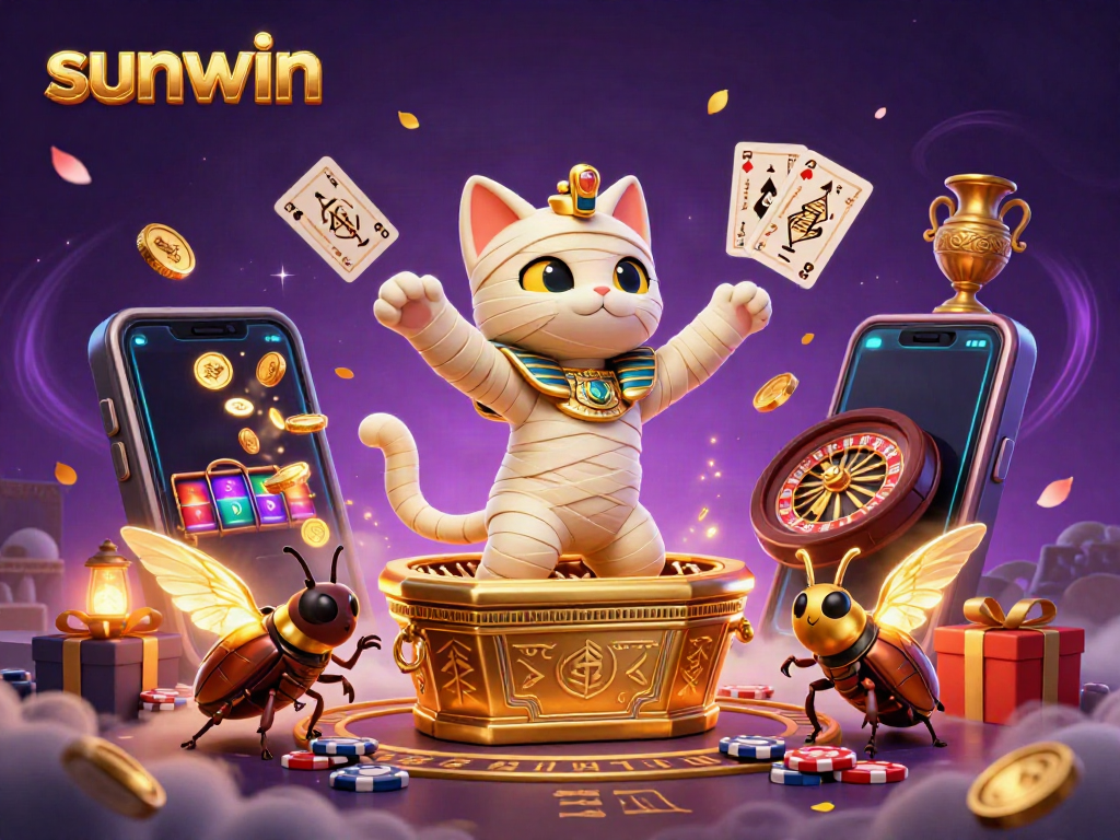 Experience thrilling gameplay at Sunwin with a 3D mummy cat, golden slot games, and vibrant casino atmosphere.