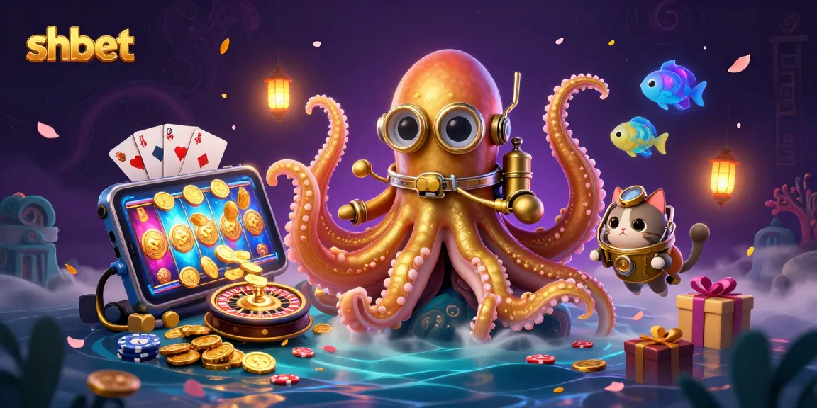 Engage with exhilarating shbet gameplay featuring a kraken, diving cat, and vibrant casino elements.