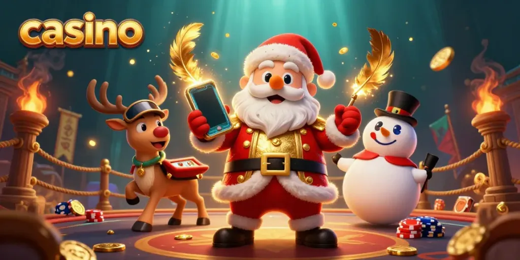 Santa Claus and friends celebrate at a vibrant casino, showcasing jackpot slots and festive energy.