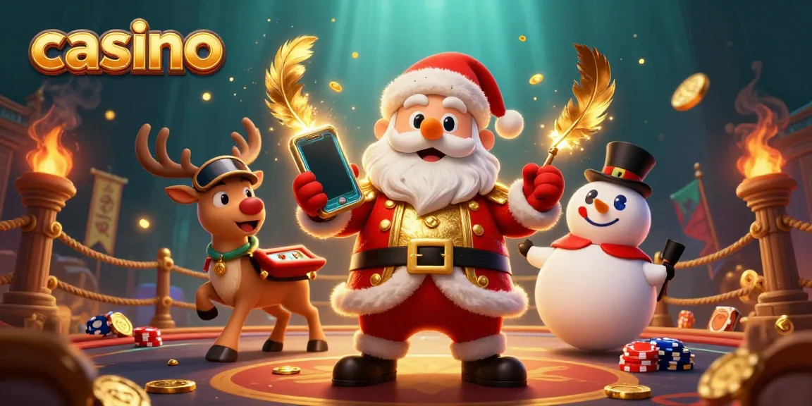 Santa Claus and friends celebrate at a vibrant casino, showcasing jackpot slots and festive energy.