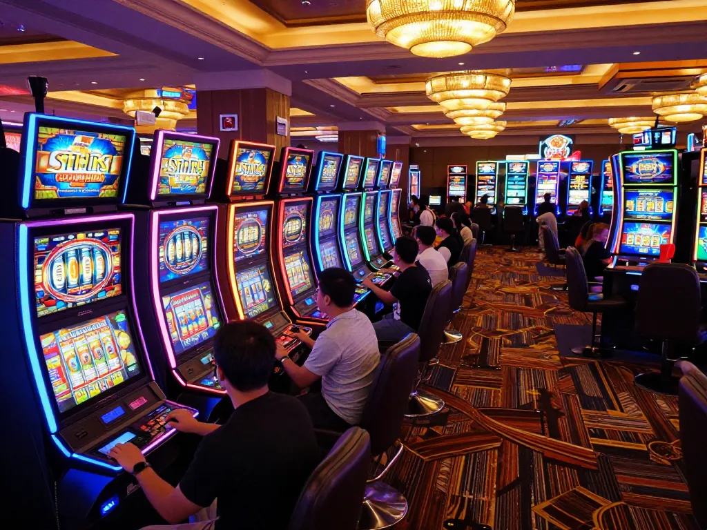 Engaging players at vibrant situs slot machines with colorful displays in a modern casino.