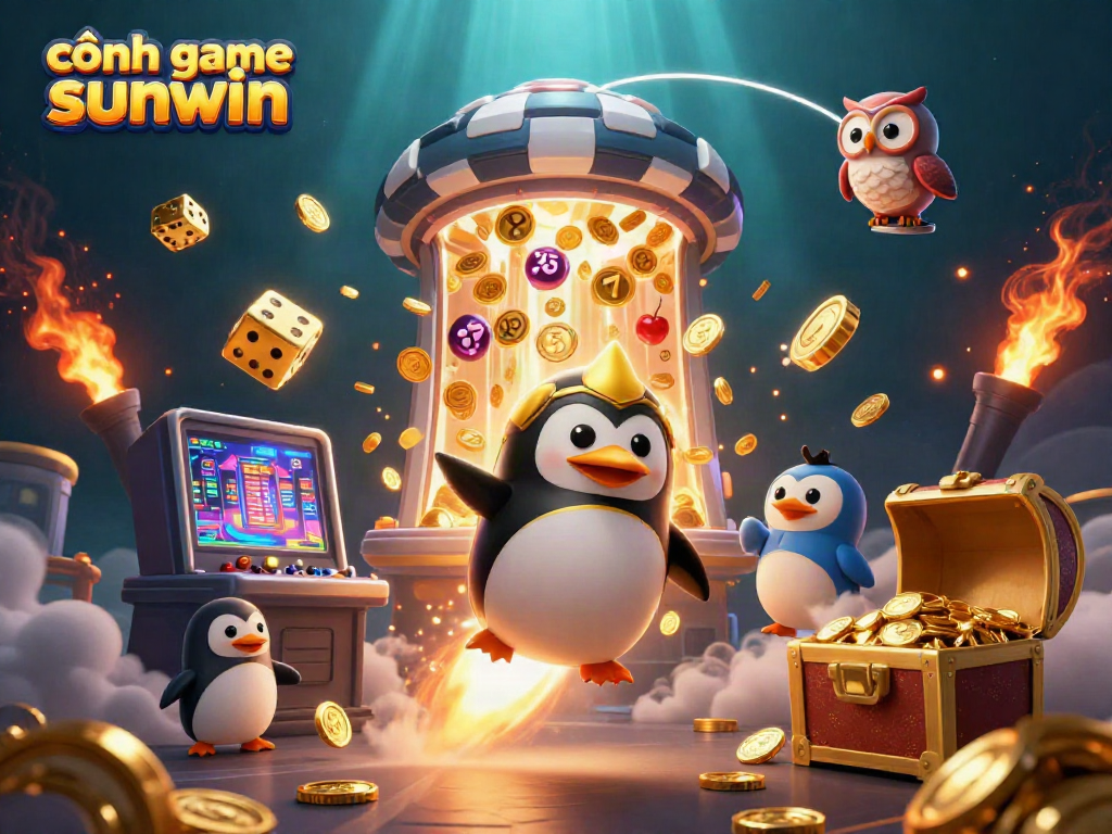 Experience the stunning cosmic adventure at cổng game sunwin, featuring a golden penguin and a vibrant casino scene.
