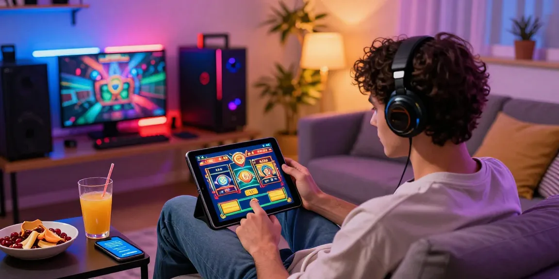 Player enjoying slot7000 gaming on a tablet in a cozy, vibrant setup with snacks and LED lights.