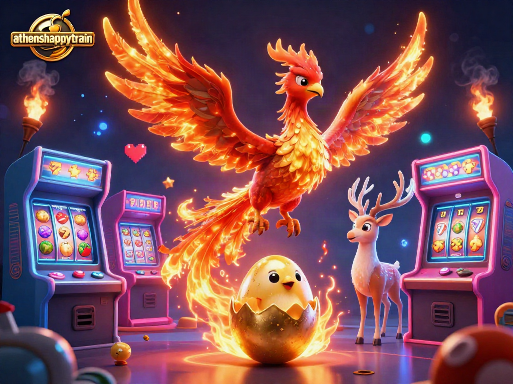 Experience thrilling gameplay with athenshappytrain’s vibrant casino scene showcasing a phoenix and dynamic gaming elements.