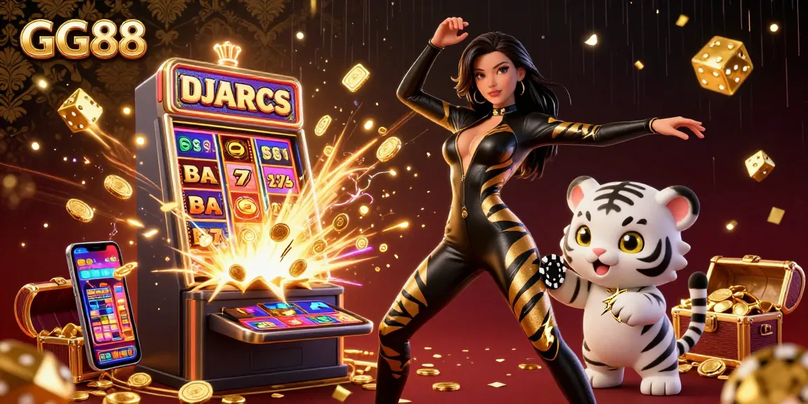 Engage in thrilling entertainment at GG88 with stunning slot machines, a playful tiger, and immersive casino elements.