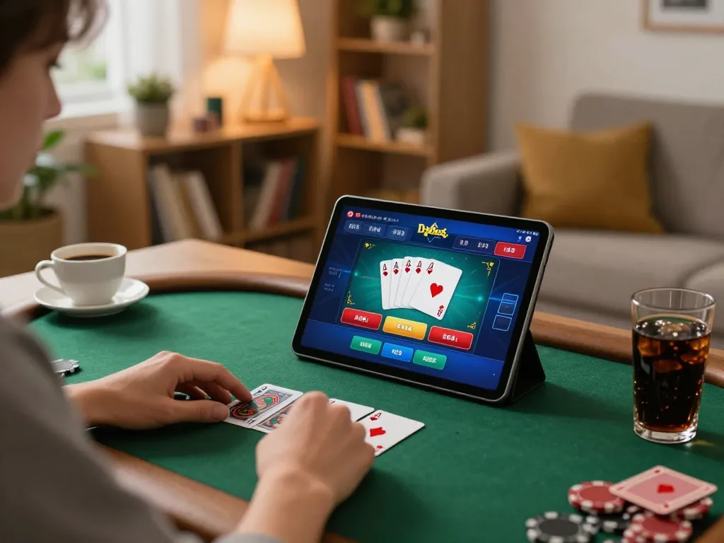 Engaging in an exciting w188 bet poker match on a tablet in a cozy home setting.