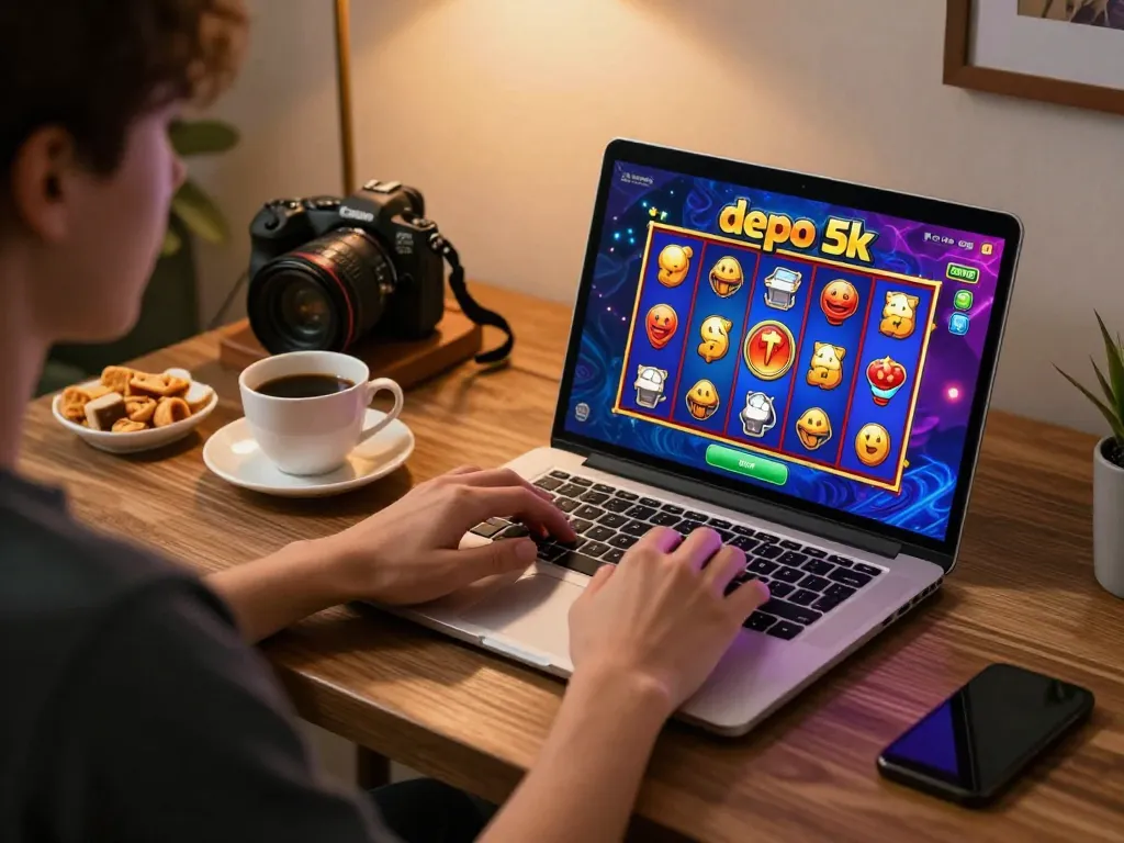 Engaging player enjoying slot depo 5k online gaming at home with colorful slot interface