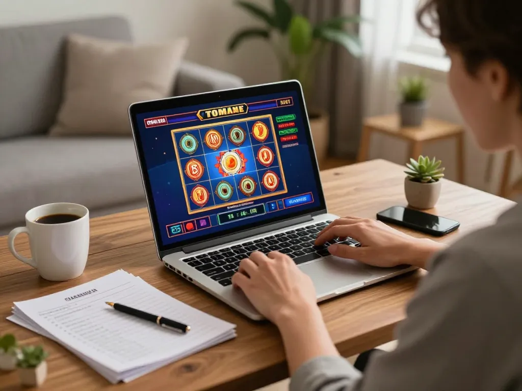 Engaged in online gaming at home, a player using a laptop at a house setup emphasizes nhà cái uy tín for responsible gambling.