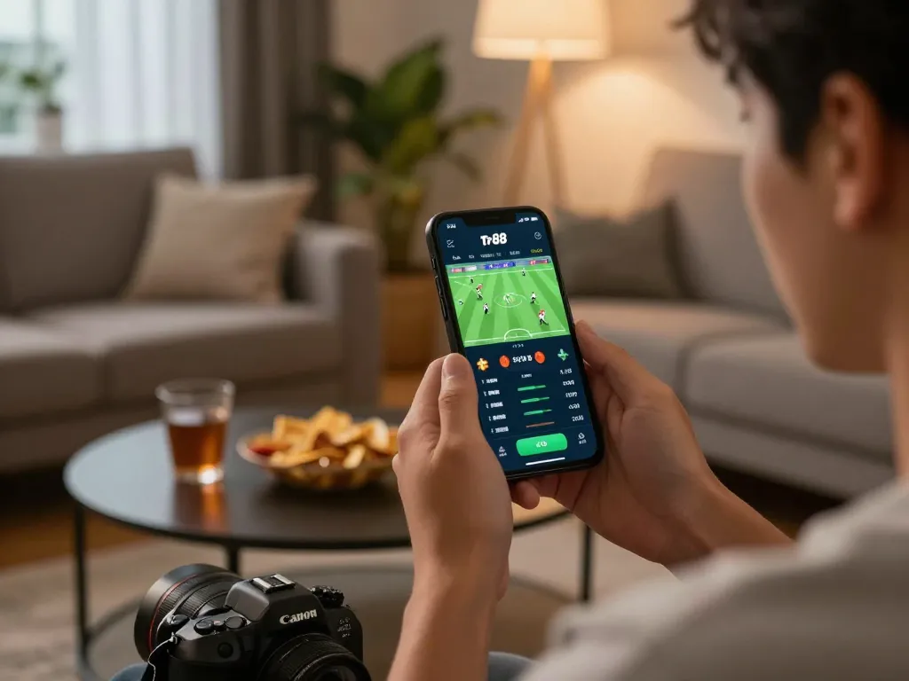 Player engaging with Tr88 trang chủ betting app on smartphone in a cozy living room setting.