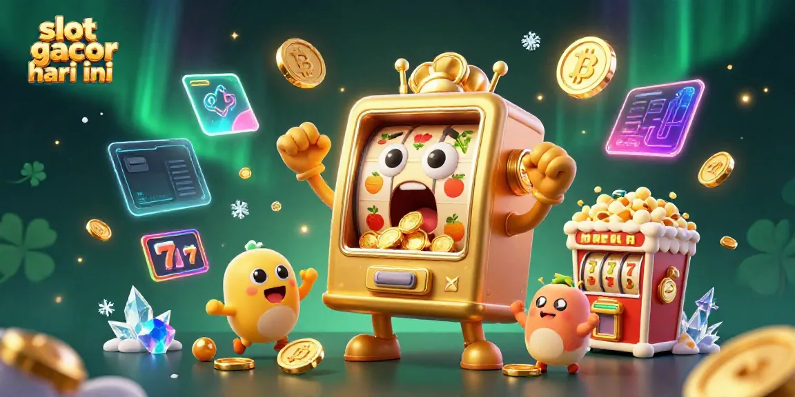 Engage with slot gacor hari ini as a cartoon golden slot machine hits a jackpot, surrounded by excitement and coins.