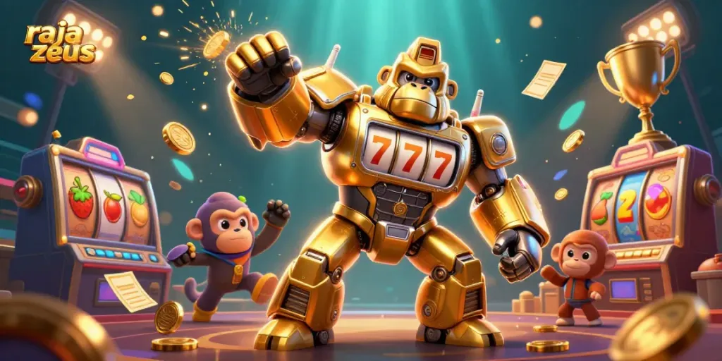 Permainan slot Raja Zeus menunjukkan jackpot menggunakan gulungan berputar dan gorila mekanis berkilauan.