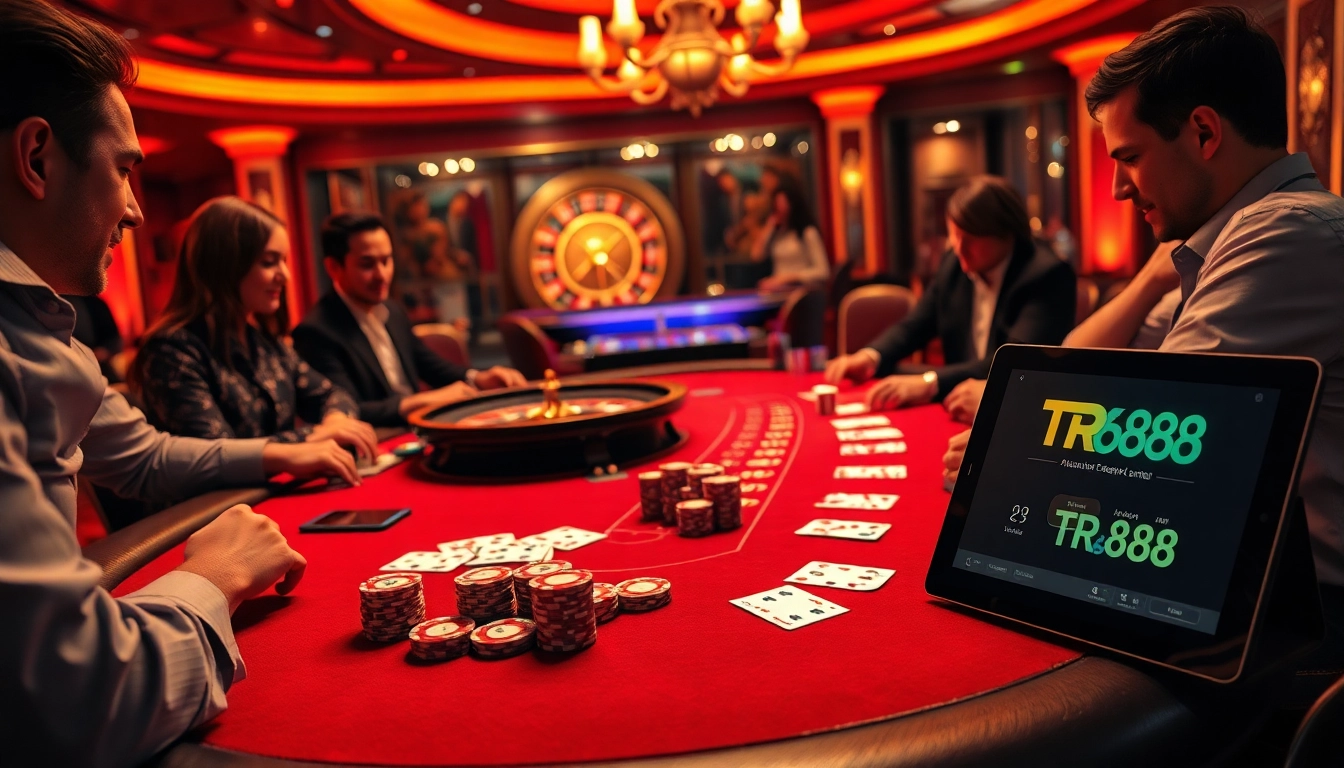 Engaged players at a TR88 poker table with vibrant chips and a roulette wheel in the background.