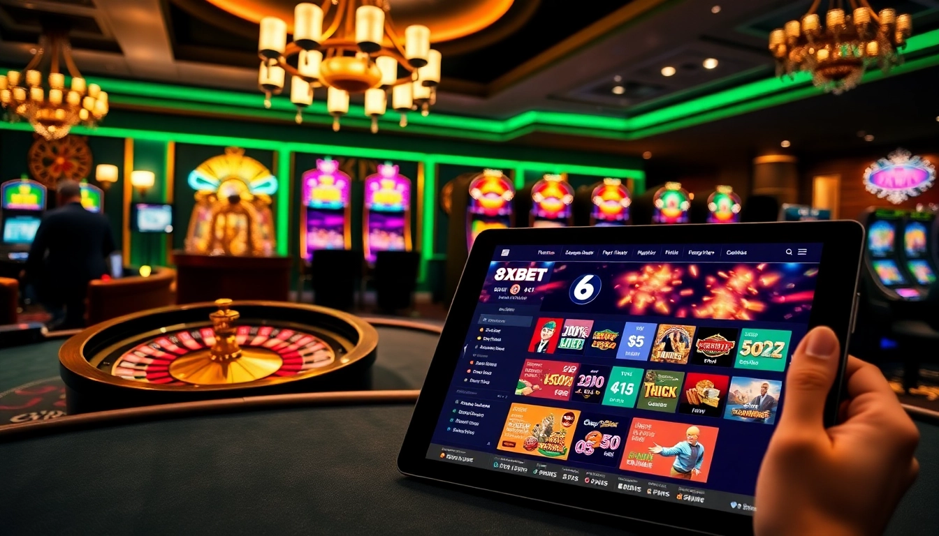 Experience the thrill of 8Xbet as players engage with vibrant slots and roulette in a luxurious casino setting.
