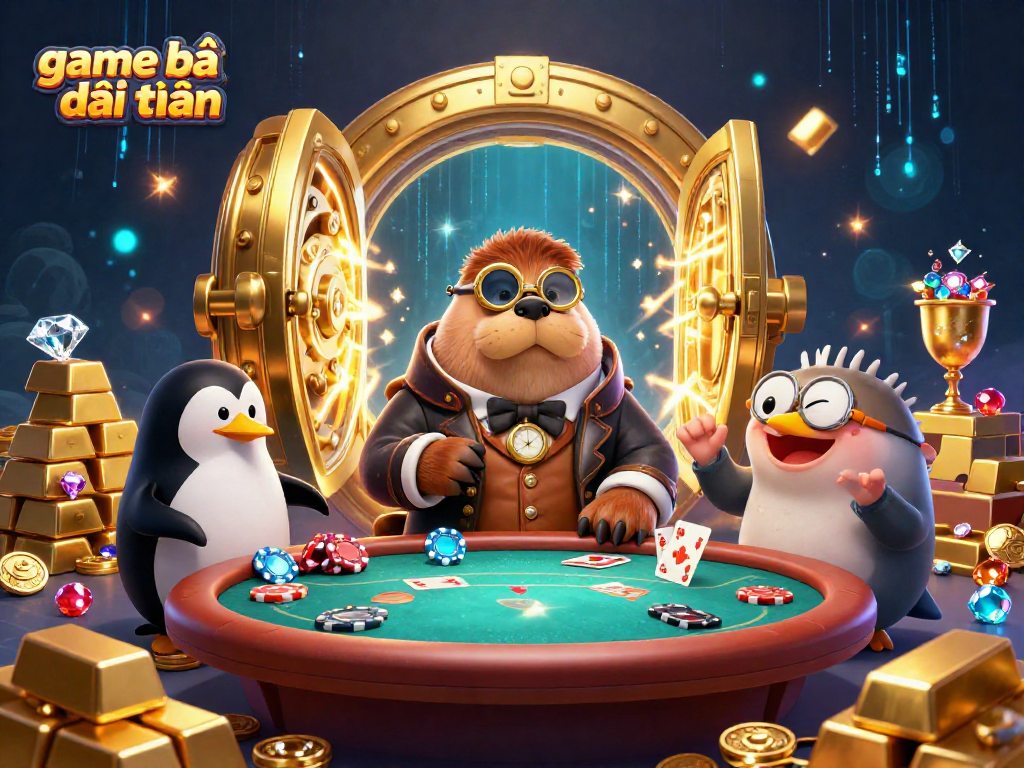 Engage in game bài đổi thưởng with a jolly walrus and friends in a vibrant underwater casino scene.