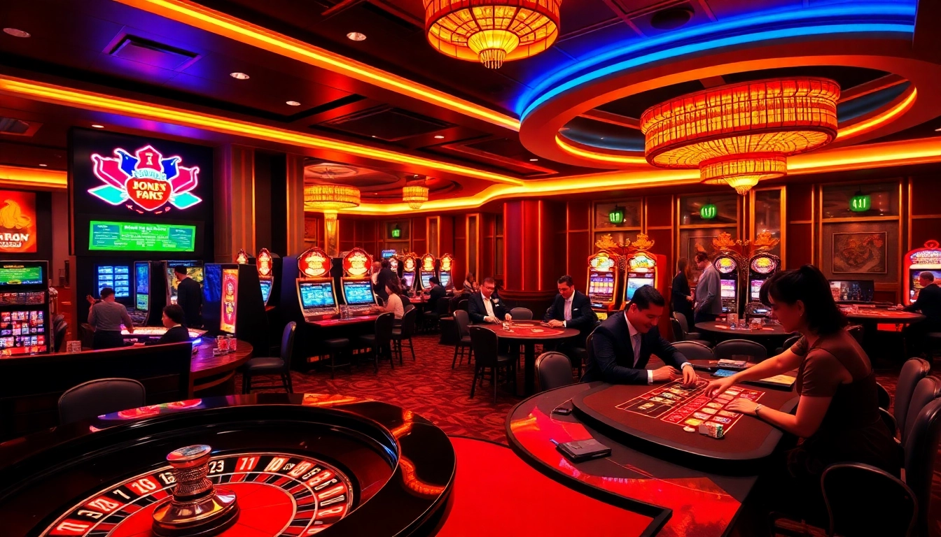 Players enjoying thrilling games at a luxurious casino featuring no hu slot machines and poker tables.