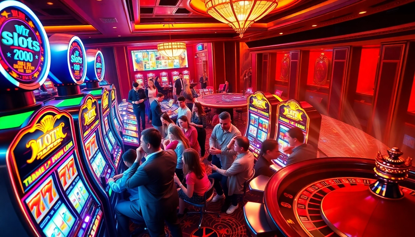 Players engaging with vibrant slots777 machines in a luxurious casino environment.