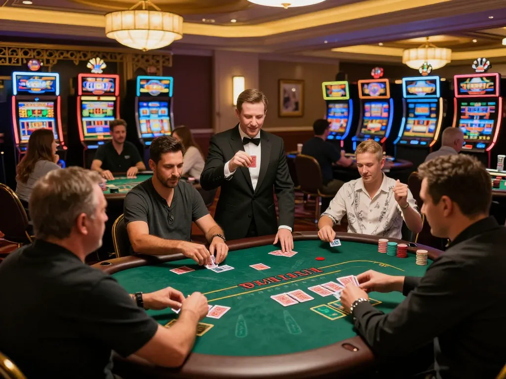 KJC Coffee energizing gameplay at a vibrant blackjack table with strategic players.