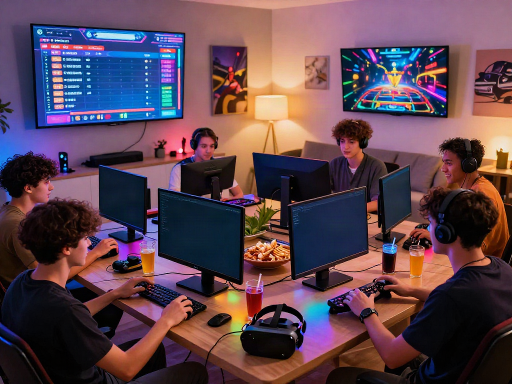 Group of friends enjoying akunjp online gaming experience in a vibrant room.