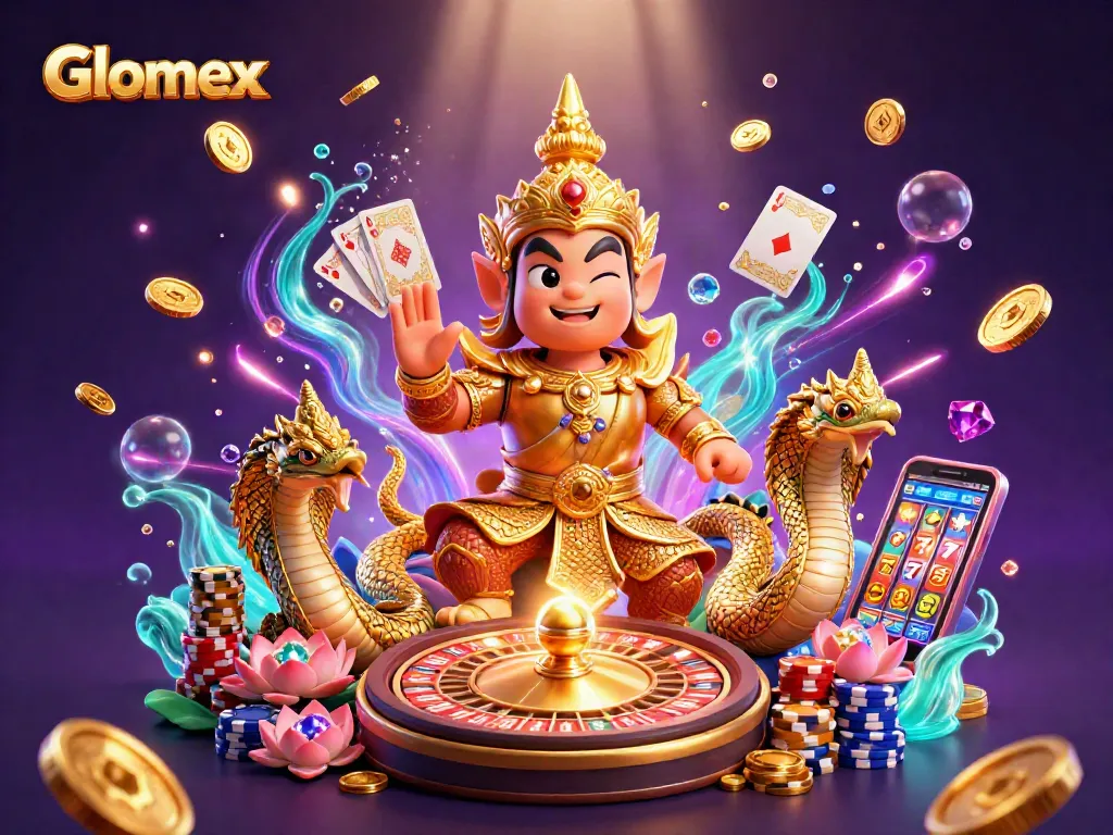 Win with Glomex: Vibrant 3D casino scene featuring golden coins, roulette, and slot machines.