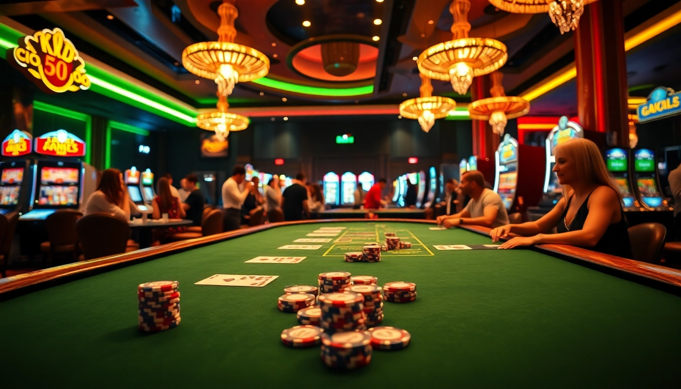 Arushoki menghadirkan suasana kasino yang dinamis dengan pemain poker dan mesin slot yang ramai.