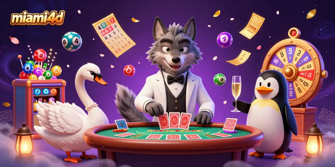 Experience the excitement of miami4d with vibrant casino action, including cards, lottery balls, and glamorous characters.