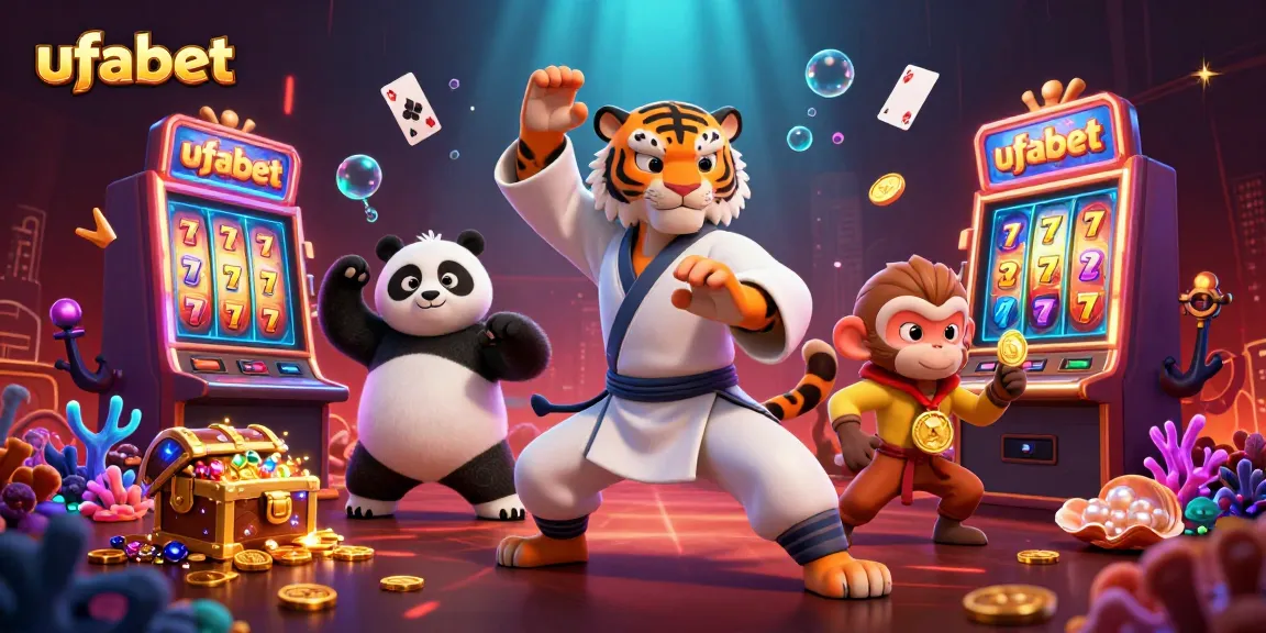 Experience ufabet excitement with mischievous characters in a vibrant, animated casino scene.