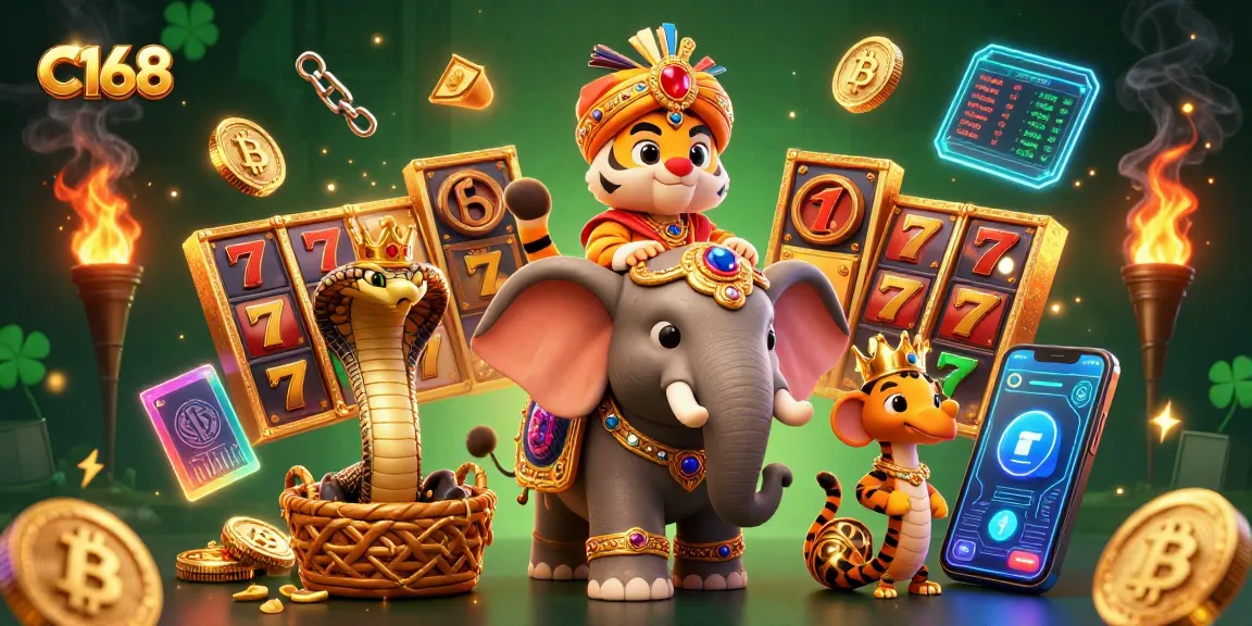 C168 showcases exciting slot games with a vibrant scene of a maharaja tiger and a jewel elephant surrounded by crypto coins.