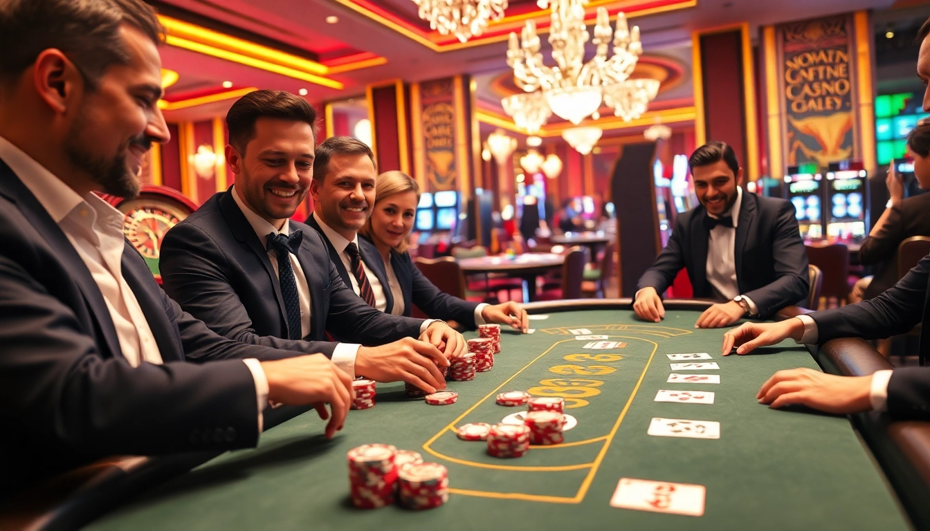 W88 poker players celebrating wins at a luxurious casino table in a vibrant atmosphere.
