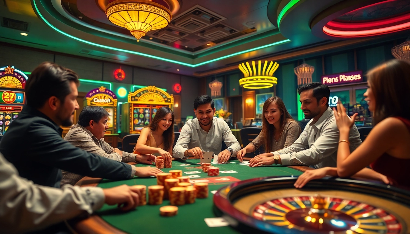 Engaged players at a luxurious poker table in a vibrant casino environment, inspired by nohu90. com's online gaming.