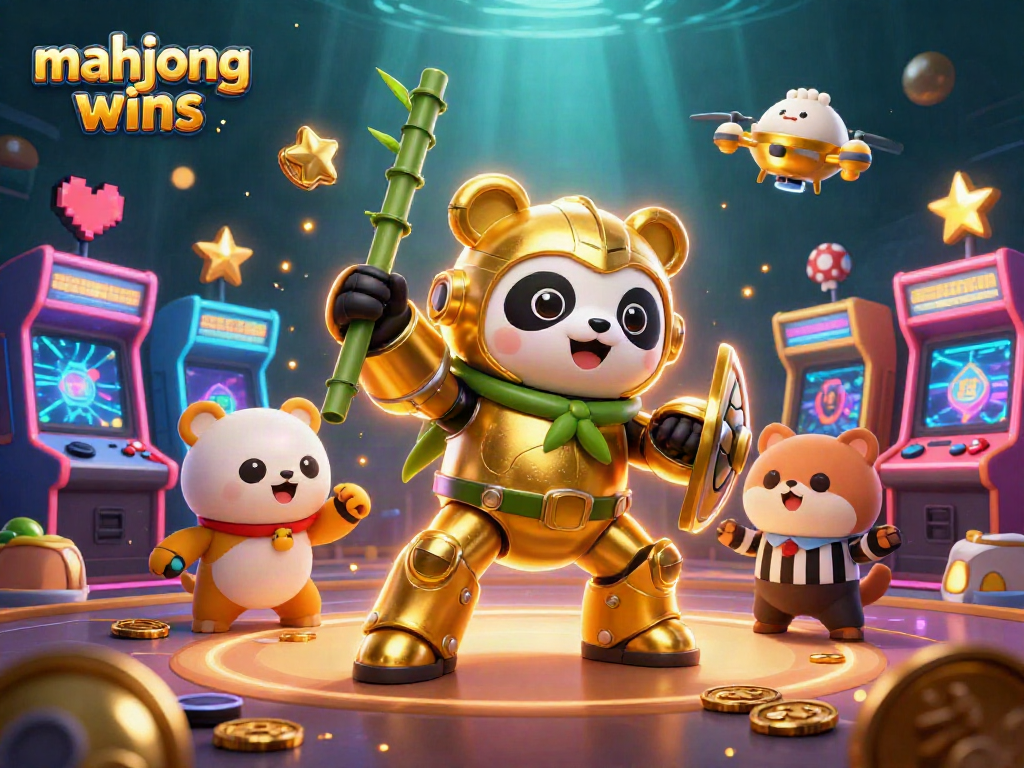 Engage in mahjong wins with a 3D mech-suit panda showcasing skills in a vibrant casino arcade
