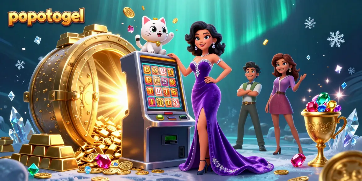 Experience winning with popotogel as a glamorous woman celebrates on a jackpot slot machine surrounded by treasure.