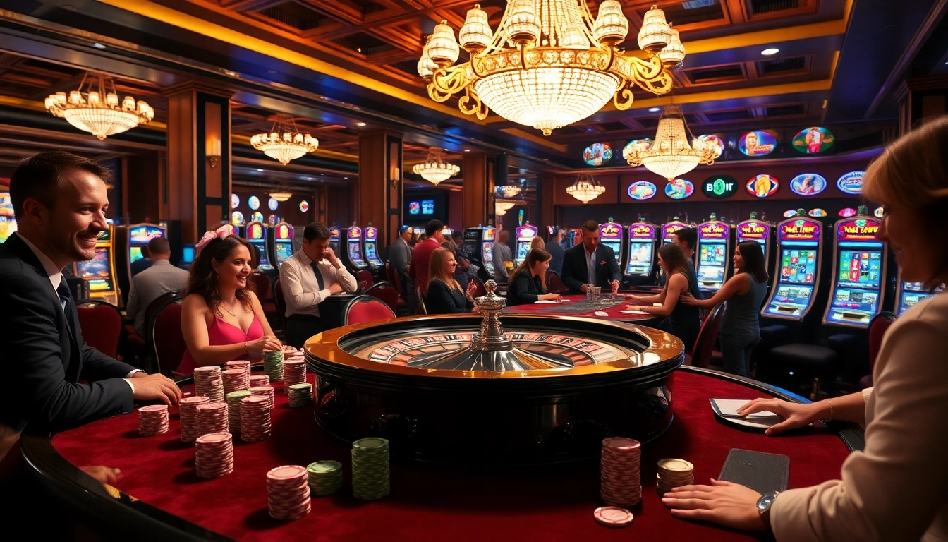 Exciting gambling scene at 68VIP casino with colorful chips, roulette, and slot machines.
