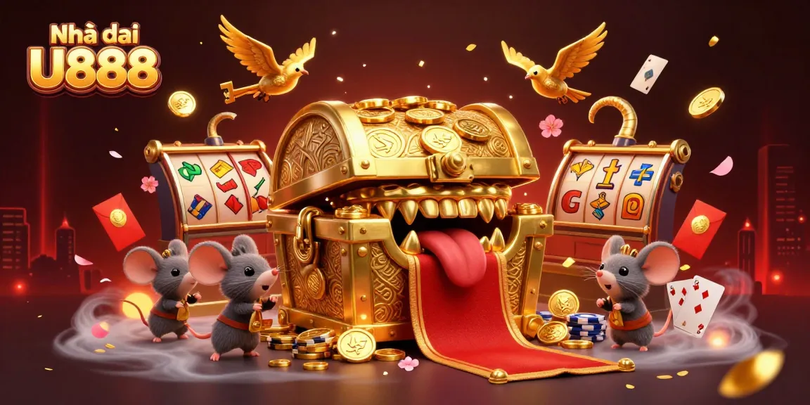 Engage with Nhà cái U888 in a vibrant casino scene filled with golden treasure and dynamic games.