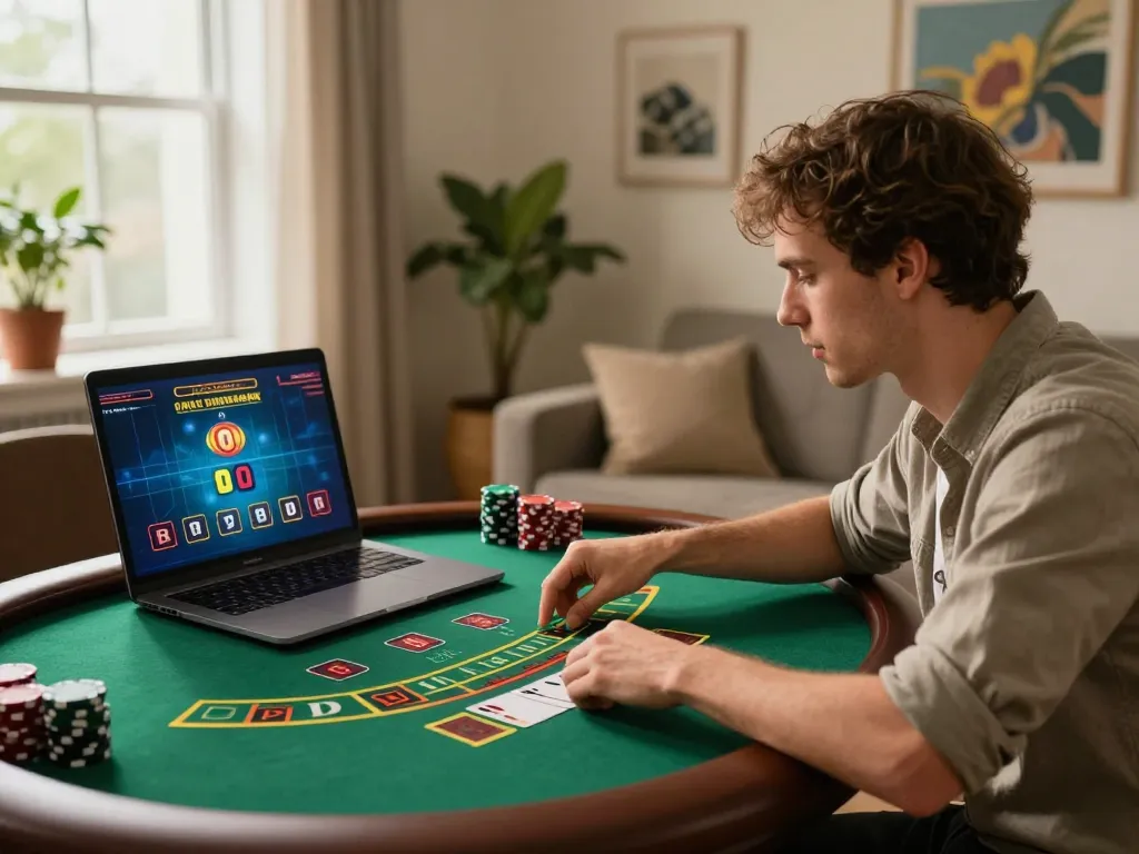 Player engaging in online blackjack at home with dn88, showcasing responsible and thrilling gambling experience.