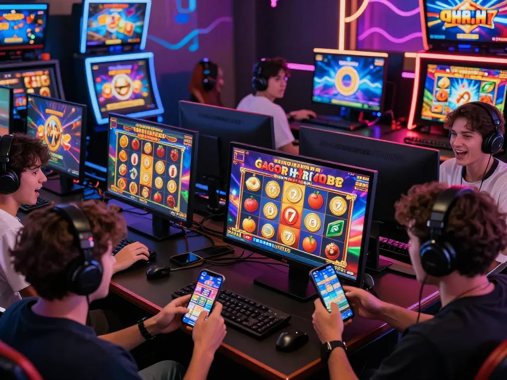 Gamer yang antusias bermain slot gacor hari ini dengan layar yang cerah dan perangkat modern.