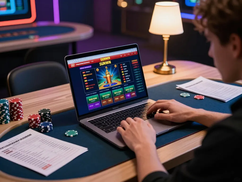 Engaging Sunwin online casino gameplay with laptop and strategy notes.