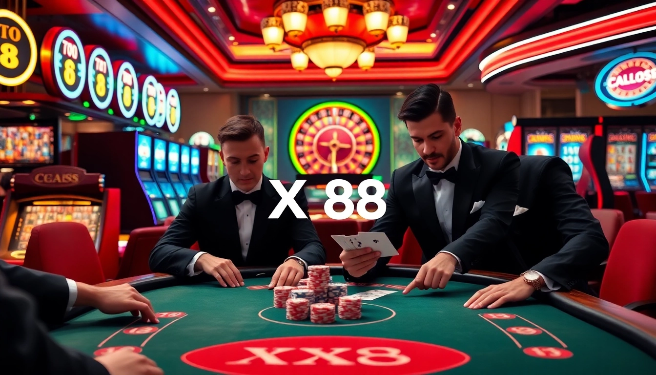 Exciting poker game at XX88 casino table with players, chips, and cards in action.