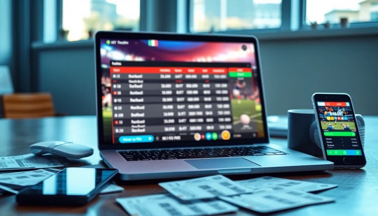 Engage in online Betting with a vibrant setup of a laptop, tickets, and smartphone.