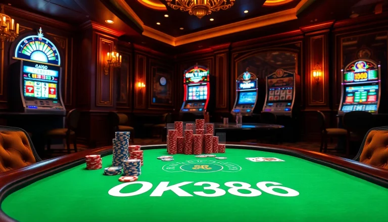 High-stakes poker game scene featuring luxurious ambiance and OK8386 branding.