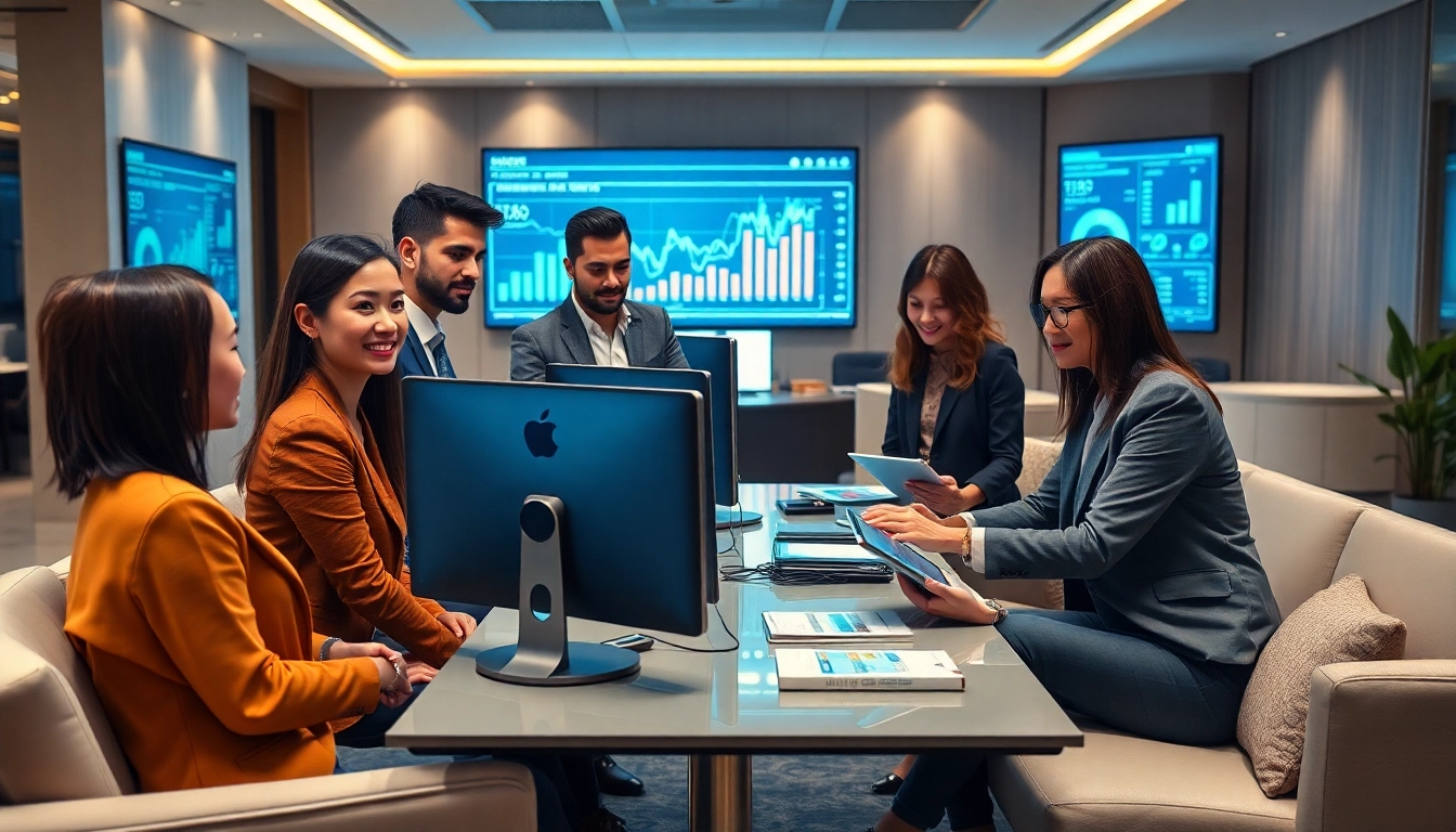 Professionnels de la finance moderne utilisant des dispositifs numériques pour promouvoir les solutions d’assurance 79king dans un cadre fiable et professionnel