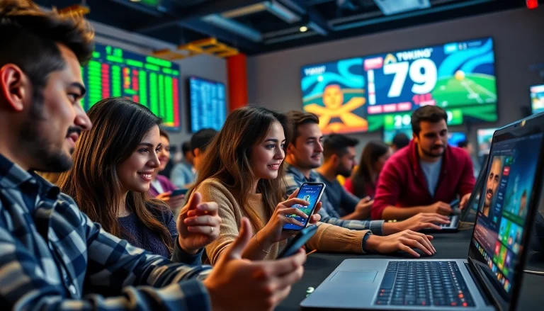 Excited gamers engaging with 79king's online betting platform, showcasing casino elements.