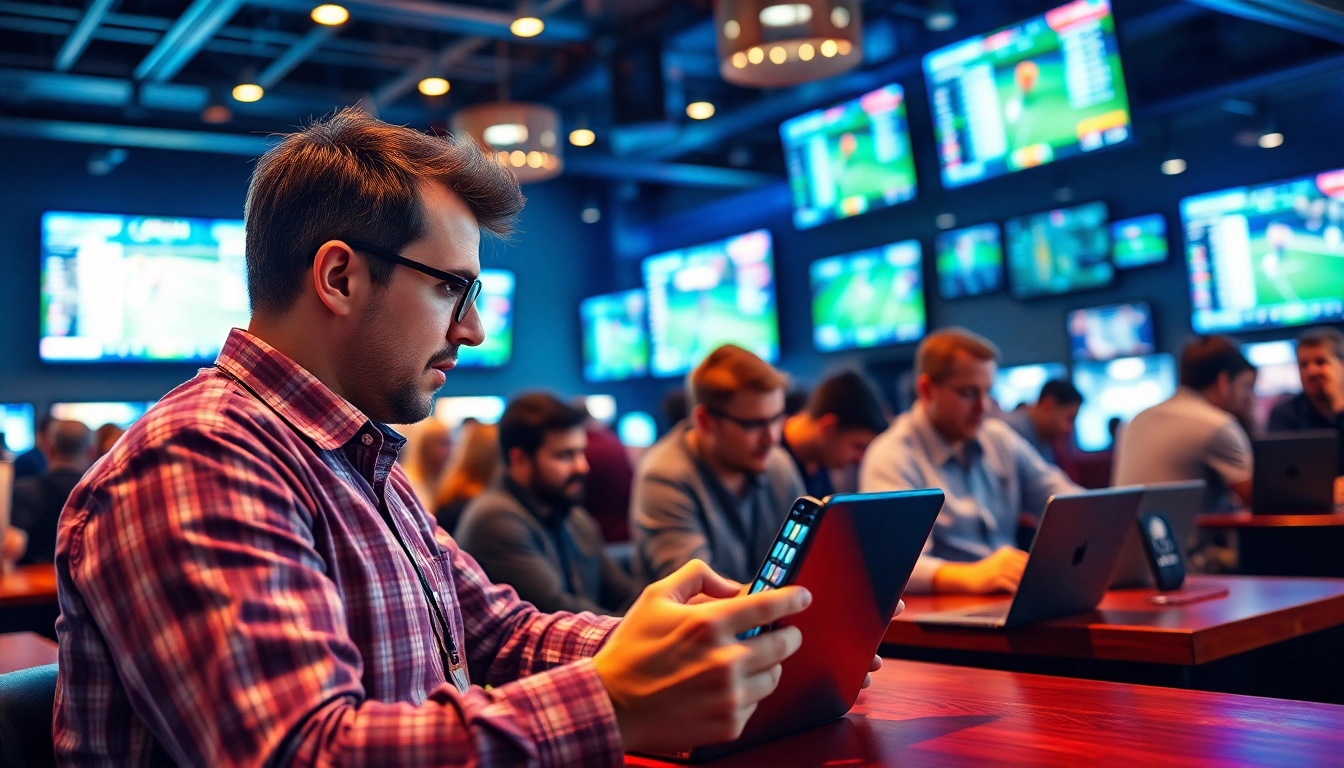 Engaged bettors analyzing real-time sports betting odds and statistics in a vibrant sports bar.