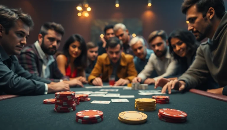 Engaged players in a poker game showcasing chips and cards in a competitive atmosphere.