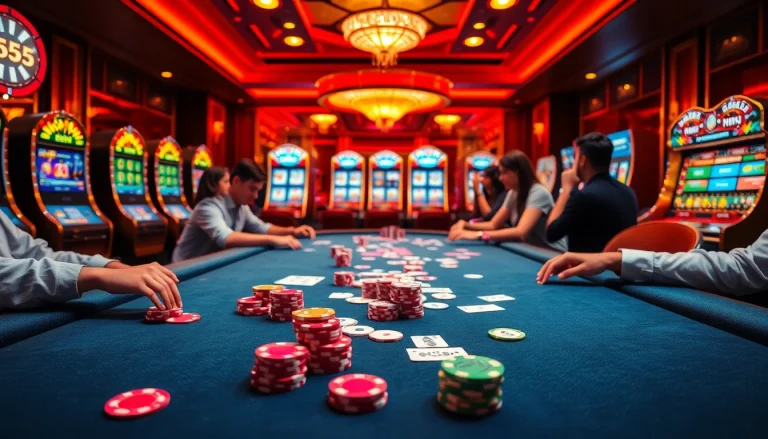 Experience the thrilling atmosphere at bl555.com with lively poker action and vibrant casino elements.